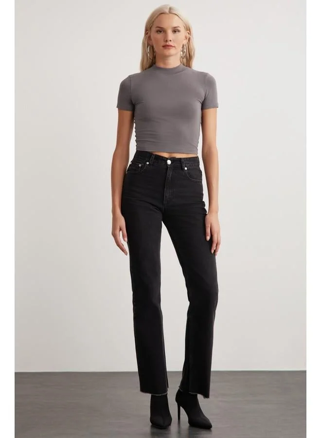 GRIMELANGE Grimelange Niara Women's Cotton Elastane Crew Neck Short Sleeve Slim Fit Crop Grey T-Shirt